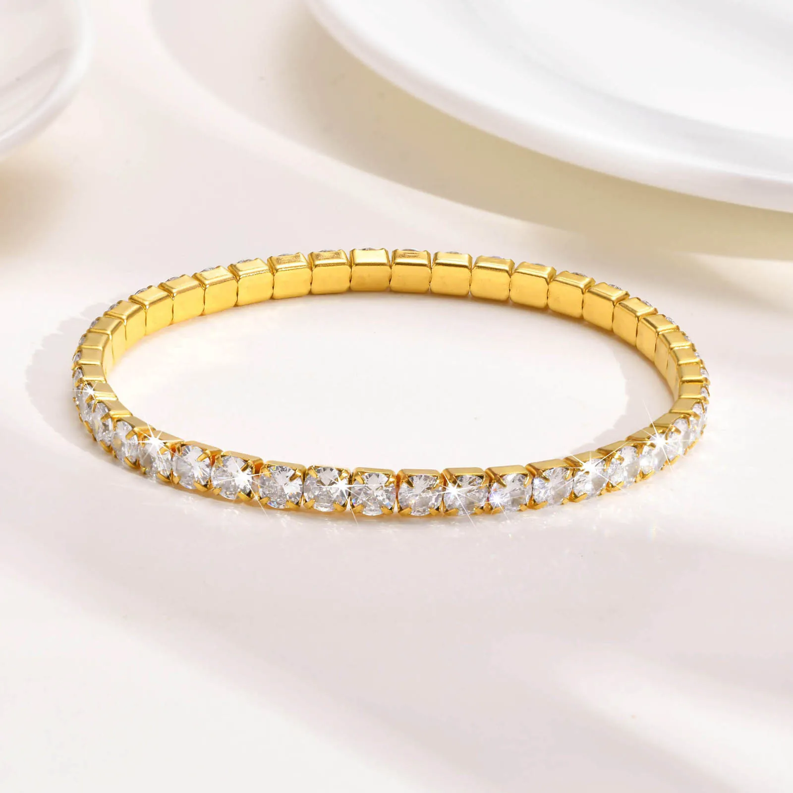 Tennis Bracelet Stainless Steel AAA Cubic Zirconia Adjustable Elastic Single Row Shiny Minimalist Jewelry For Women