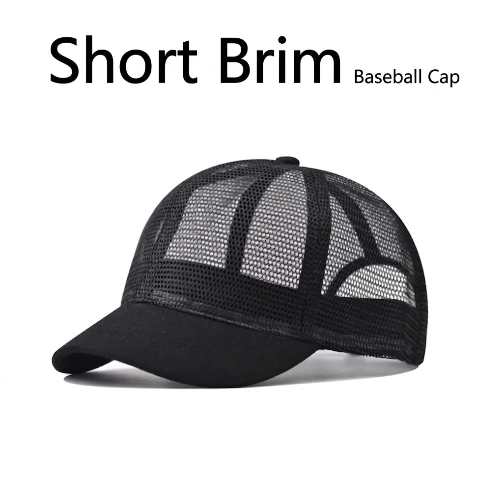 Breathable Mesh Trucker Hat Cotton Polyester Quick Dry Short Brim Baseball Cap For Outdoor Sun Protection Unisex