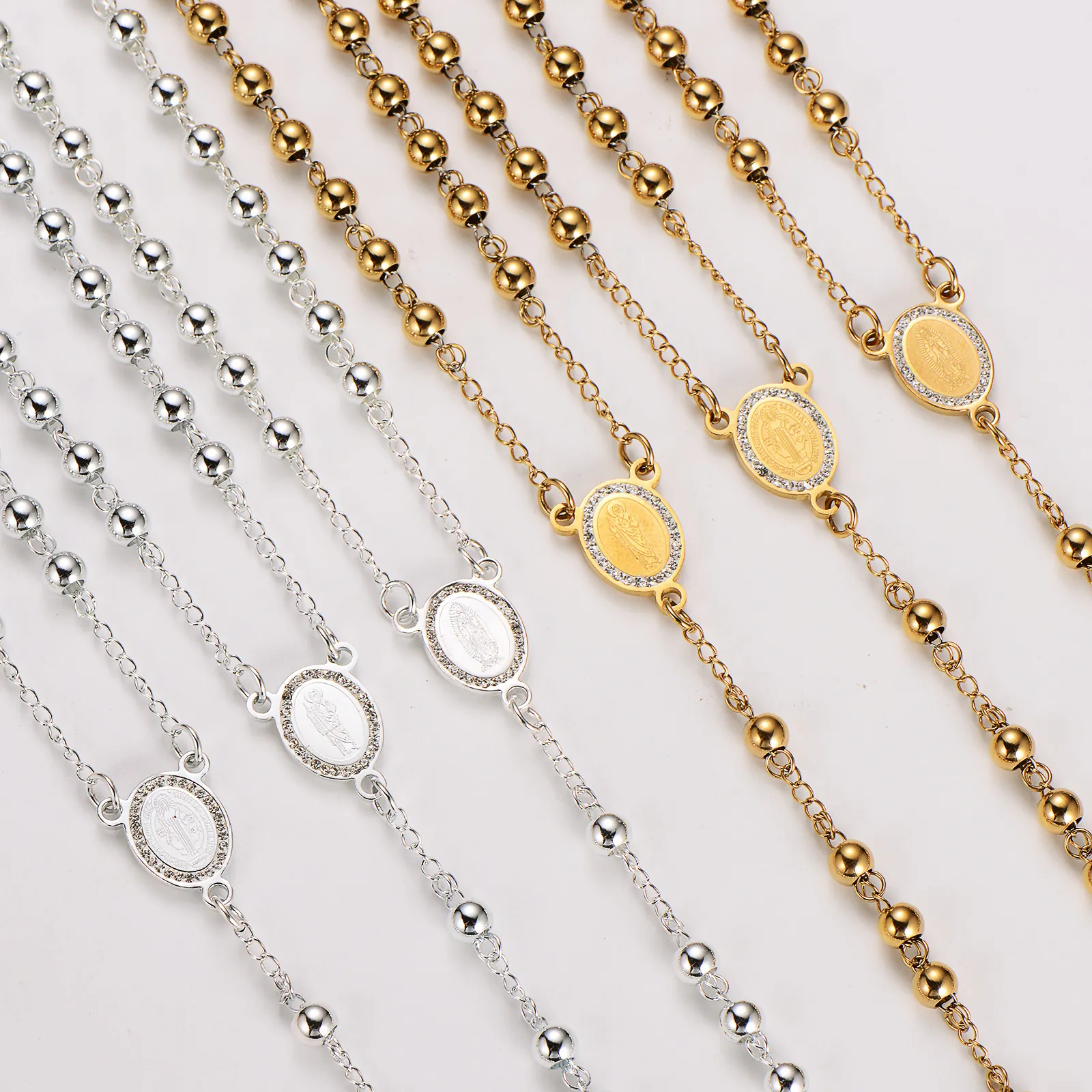 Rosary Necklace 304 Stainless Steel Religious Cross Pendant Virgin Mary Medallion Rhinestone Beaded Chain Jewelry