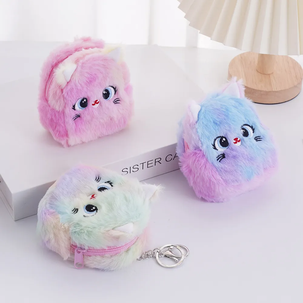 Plush Cat Coin Purse Mini Small Wallet Gradient Rainbow Fluffy Zip Pouch With Keychain Kawaii Cartoon Kids Bag