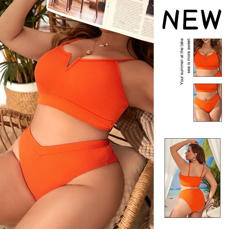 Damen Badebekleidung Große Größen Nylon Spandex Geripptes V-Ausschnitt Top Und Hohe Taille Hose Orange Solid Strand Urlaub