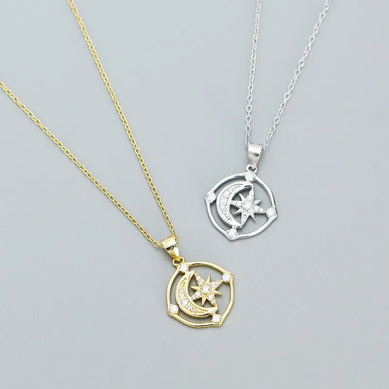 925 Sterling Silver Star Moon Pendant Necklace For Women Luxury Octagram Moon Rhinestone Inlaid Clavicle Chain Jewelry Accessory