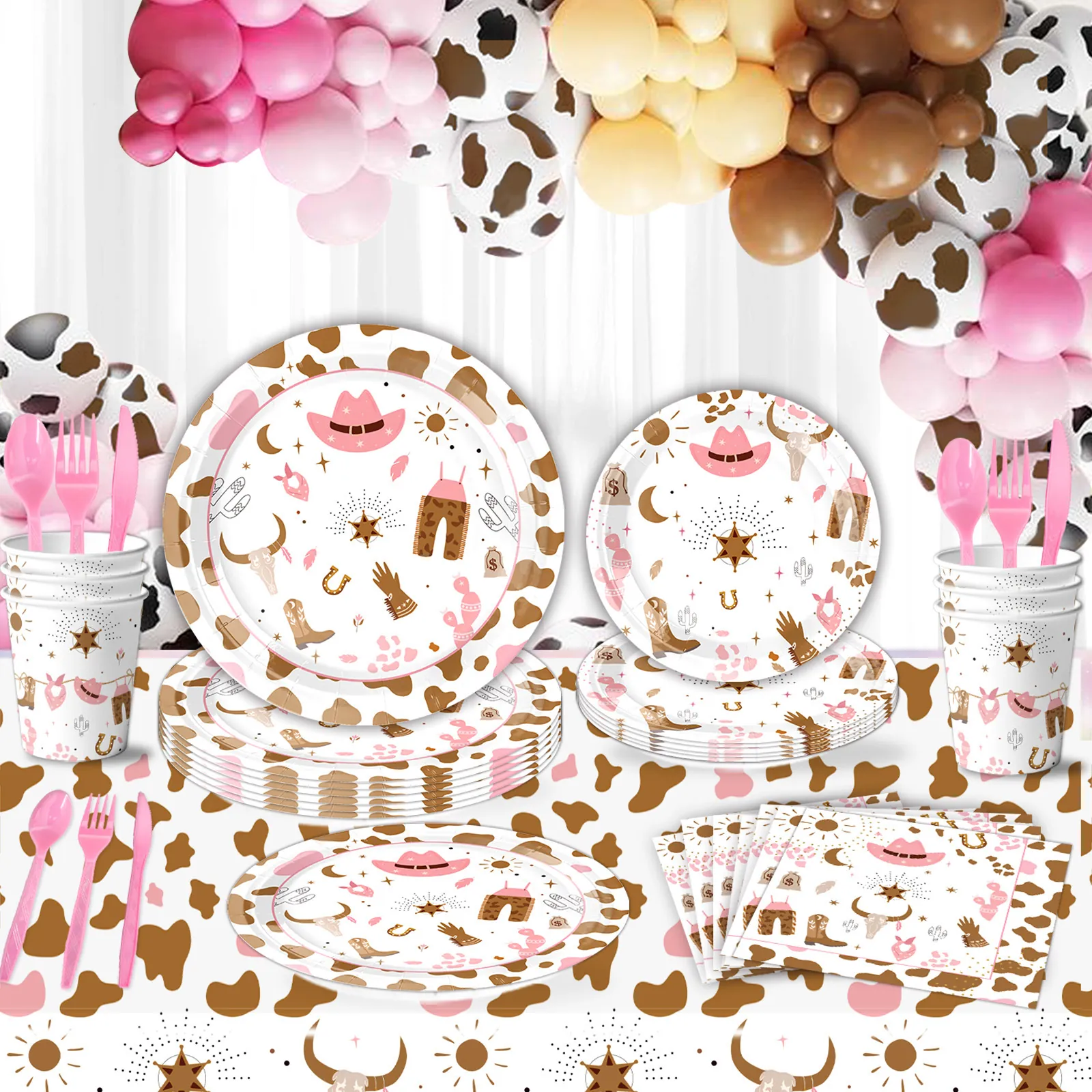 Pink Western Cowboy Girl Theme Disposable Party Tableware Cow Print Pattern Birthday Celebration Supplies Paper Plastic