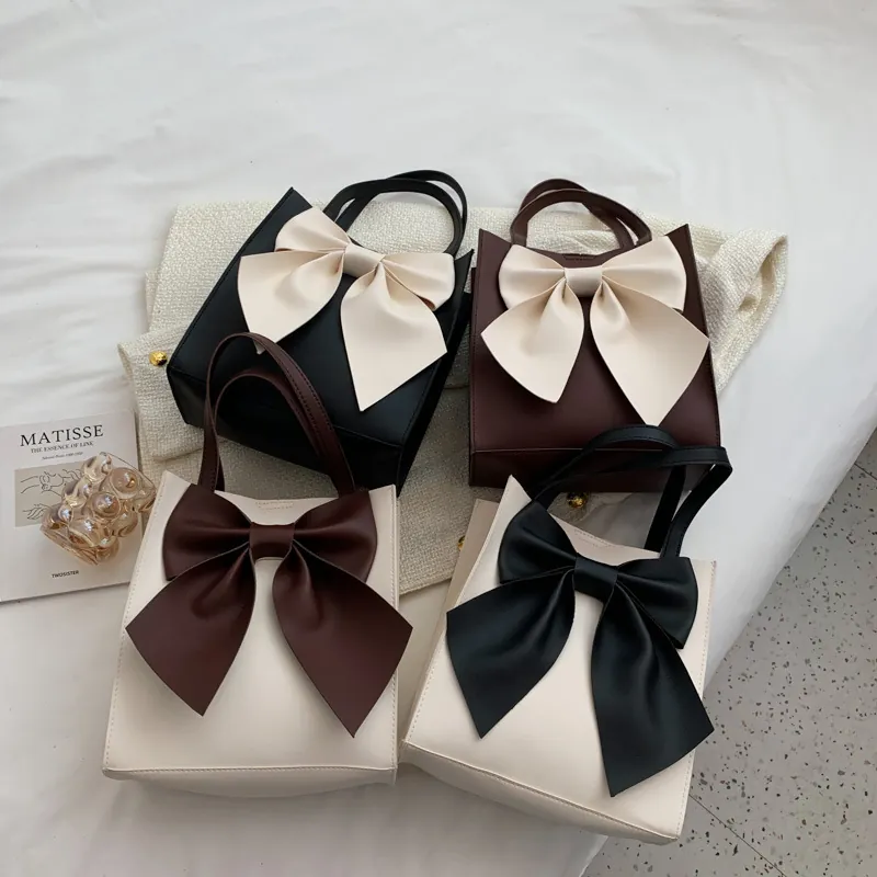 Women Fashion Large Capacity Tote Bag Elegant Contrast Color Bowknot Handbag Polyester Shoulder Bag For Daily Travel Style