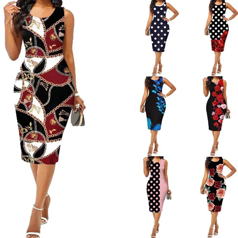 Robe Mi-longue Moulante Sans Manches Pour Femmes Imprimé Fleuri À Pois Col Rond Été Coupe Slim Polyester Élasthanne Mode
