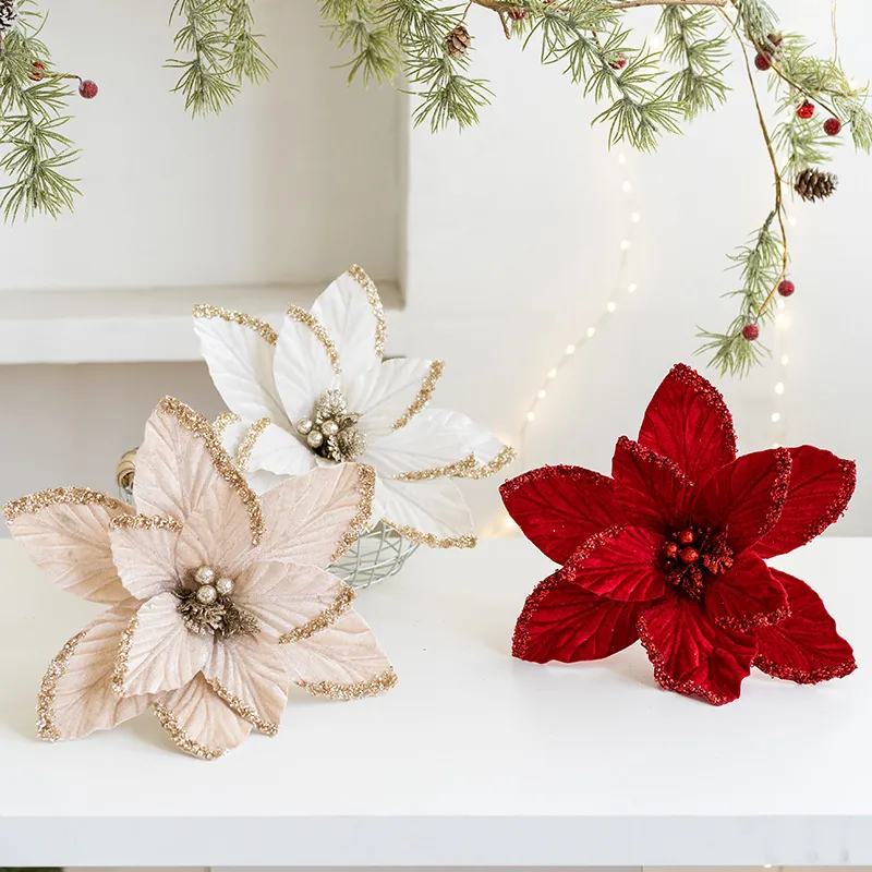 Large Artificial Christmas Poinsettia Flower Glitter Flannel Xmas Tree Hanging Ornament Festive Home Party Decoration Flower