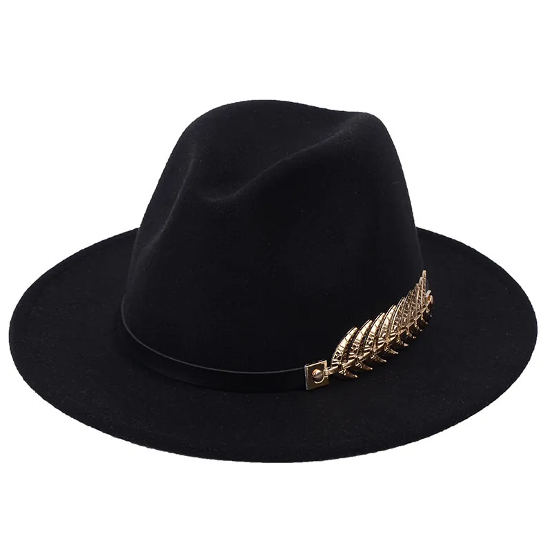 Vintage British Style Women Fedora Hat With Metal Leaf Decoration Polyester Wool Felt Wide Brim Jazz Hat Autumn Winter Elegant Lady Sunshade Party Hat
