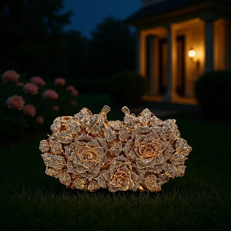 Luxury Rose Flower Evening Clutch Bag For Women Rhinestone Encrusted Alloy Metal Crystal Party Wedding Banquet Handbag