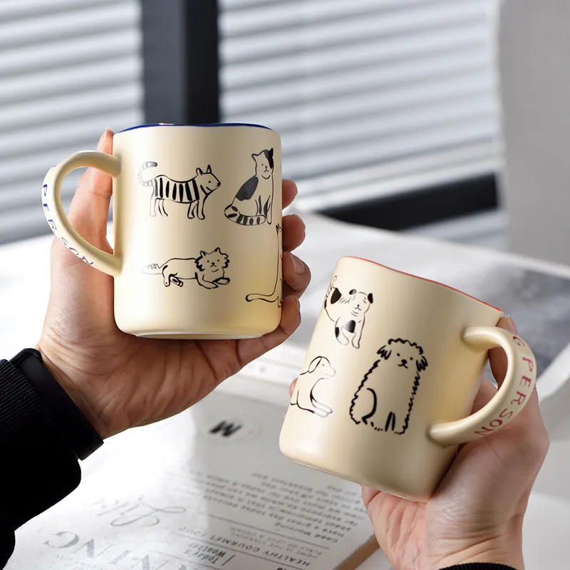 Ceramic Mug Cute Cat Dog Cartoon Illustration Coffee Milk Cup Creamy Yellow Contrast Color Inner Handle Design Gift Office Home