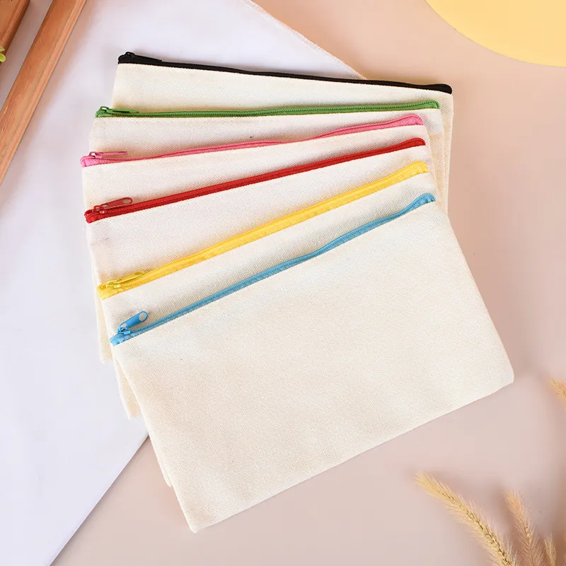 Blank Canvas Zipper Pouch Pencil Case Makeup Bag Travel Stationery Storage Organizer For DIY Craft Minimalist Portable