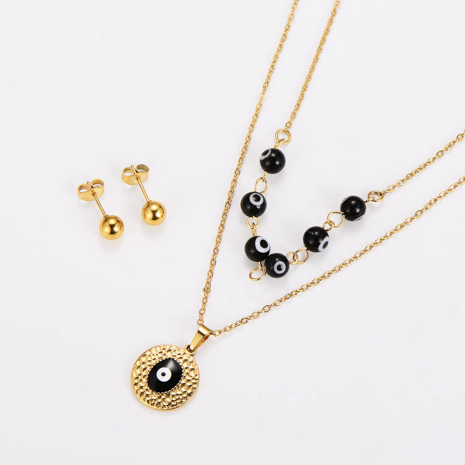 Evil Eye Necklace And Ball Stud Earrings Stainless Steel Double Layer Chain Round Textured Pendant 18K Gold Plated Women