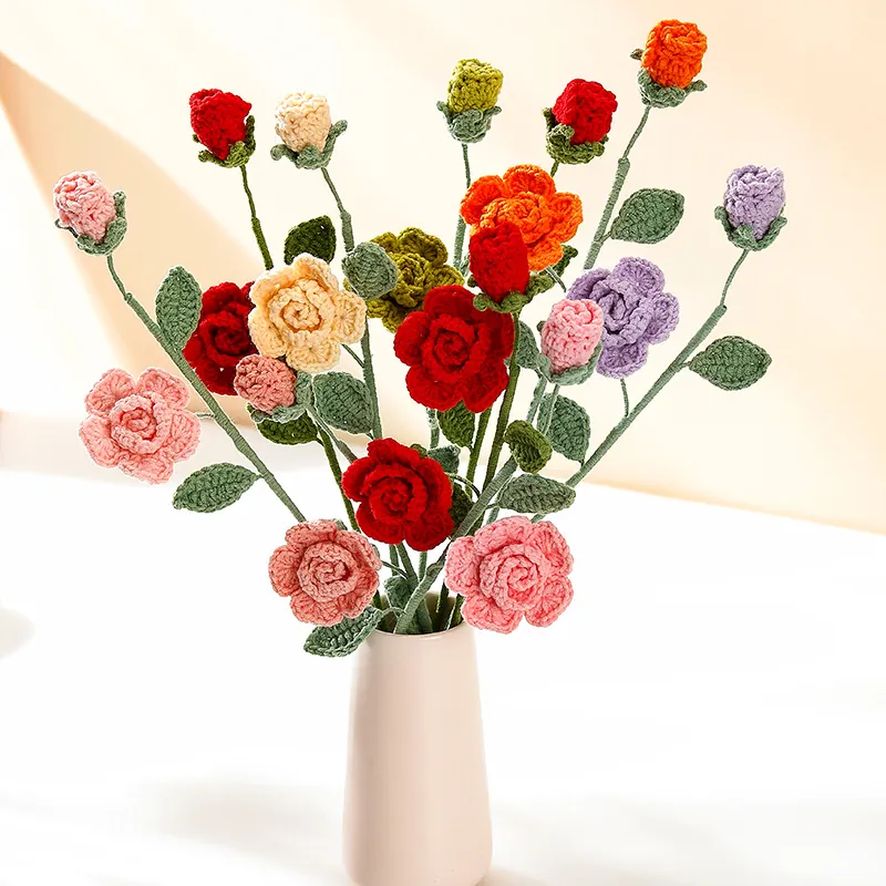 Handmade Crochet Rose Artificial Flower Knitted Woolen Yarn Floral Decoration Romantic Gift For Home Decor