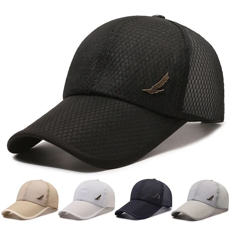 Breathable Mesh Baseball Cap Men Polyester Sunshade Trucker Hat With Metal Feather Adjustable Long Brim Outdoor Fishing