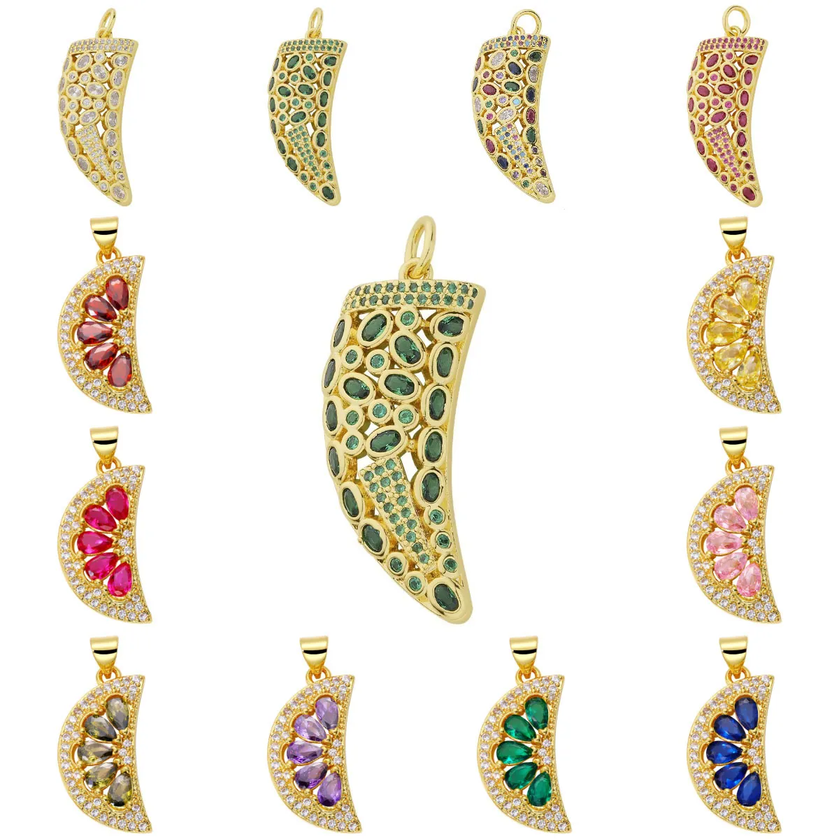 Copper Cubic Zirconia Charms Pendants Gold Plated Crescent Moon Horn Fruit Slice Shape For DIY Jewelry Making