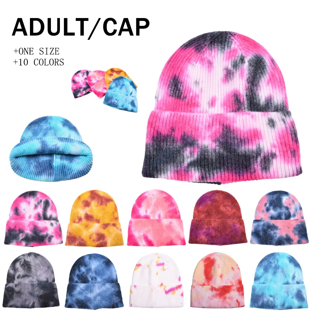 Tie Dye Knitted Beanie Hat Soft Acrylic Ribbed Warm Winter Outdoor Skiing Cuffed Skull Cap For Adult Unisex Casual
