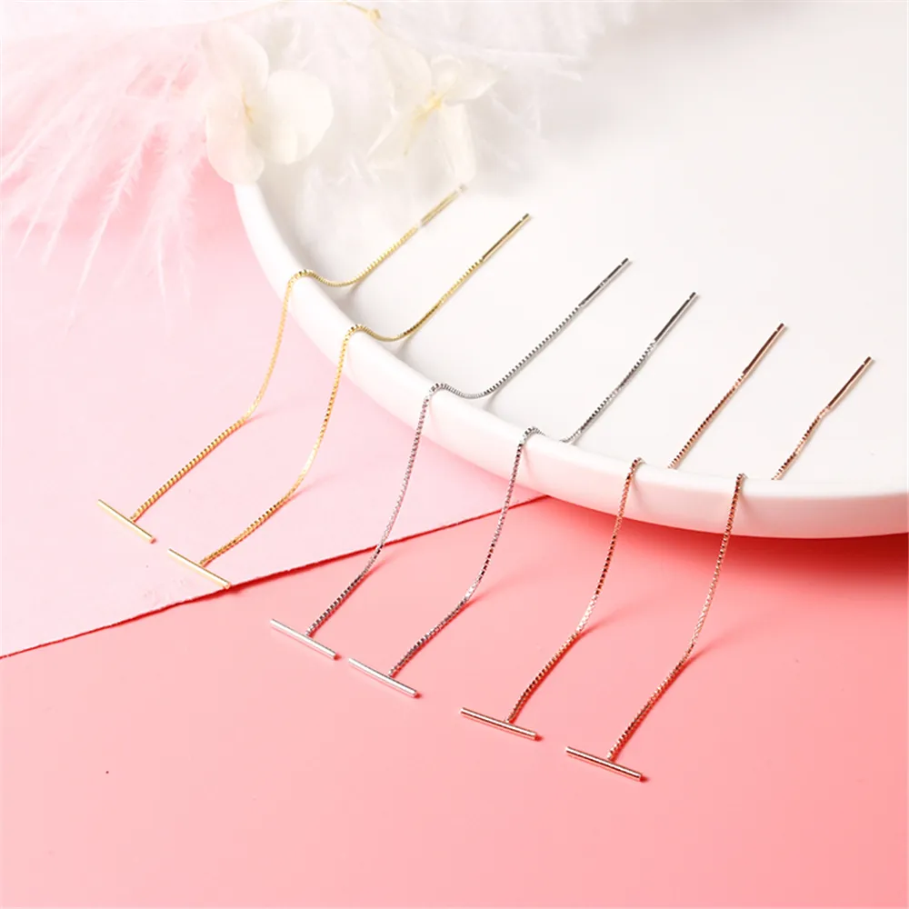 Geometric T Bar Tassel Ear Threader Earrings 925 Sterling Silver Long Box Chain Minimalist Jewelry For Women
