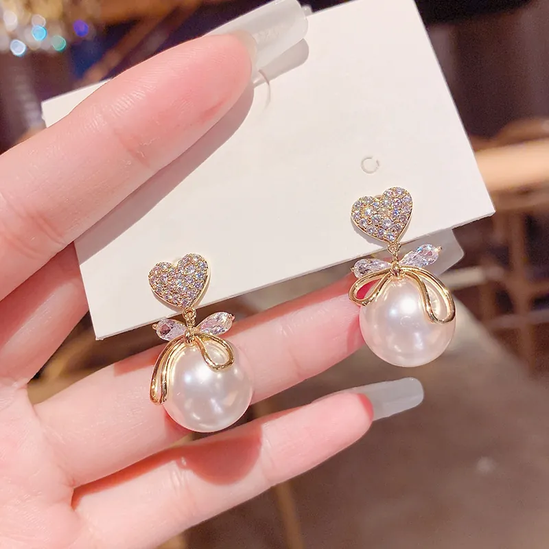 Herzform Strass Schleife Künstliche Perle Ohrhänger Elegante Legierung Schmuck Für Damen Koreanische Mode