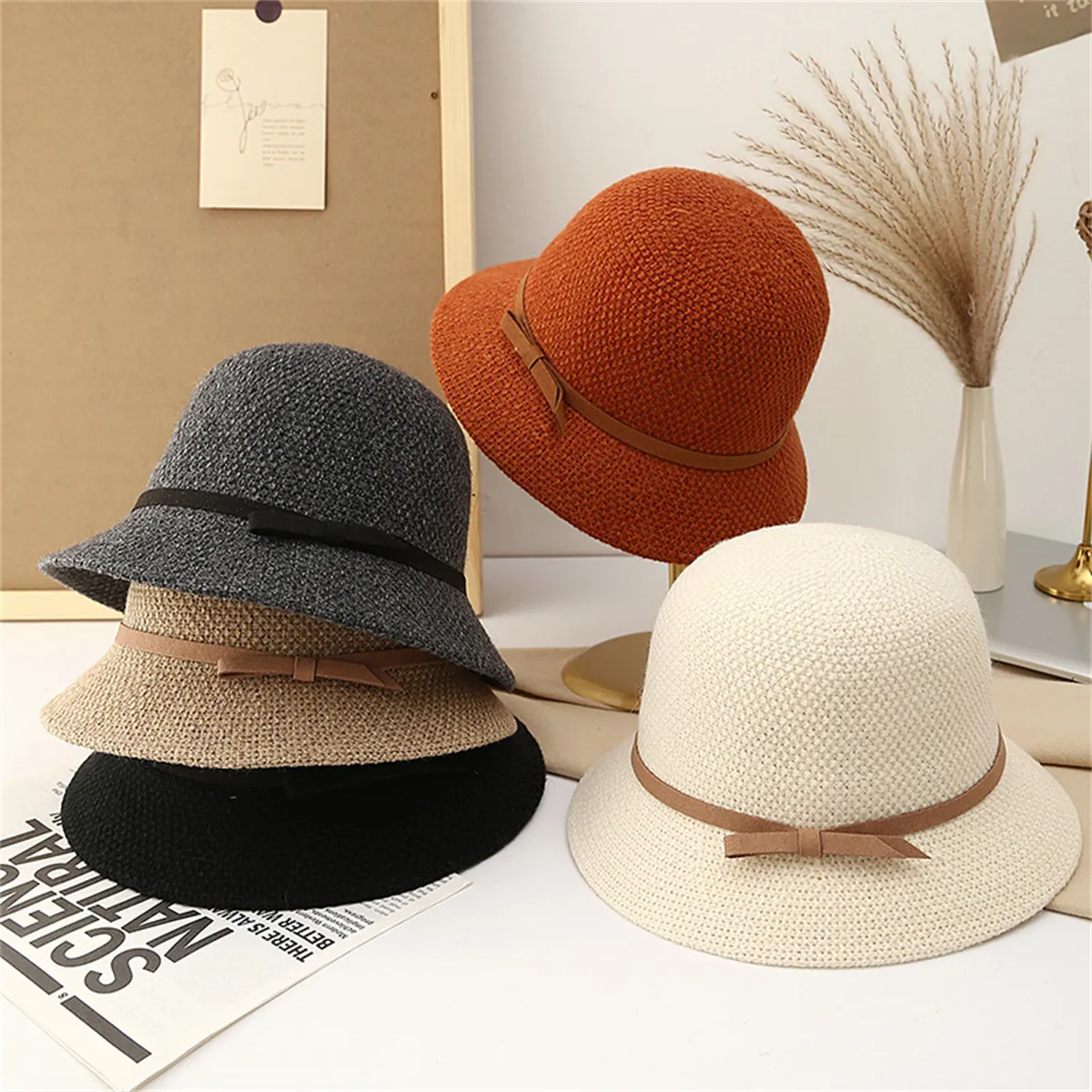 Elegant Knit Bucket Hat Women Polyester Audrey Hepburn Style Ribbon Bow Round Top Sun Protection Fisherman Cloche