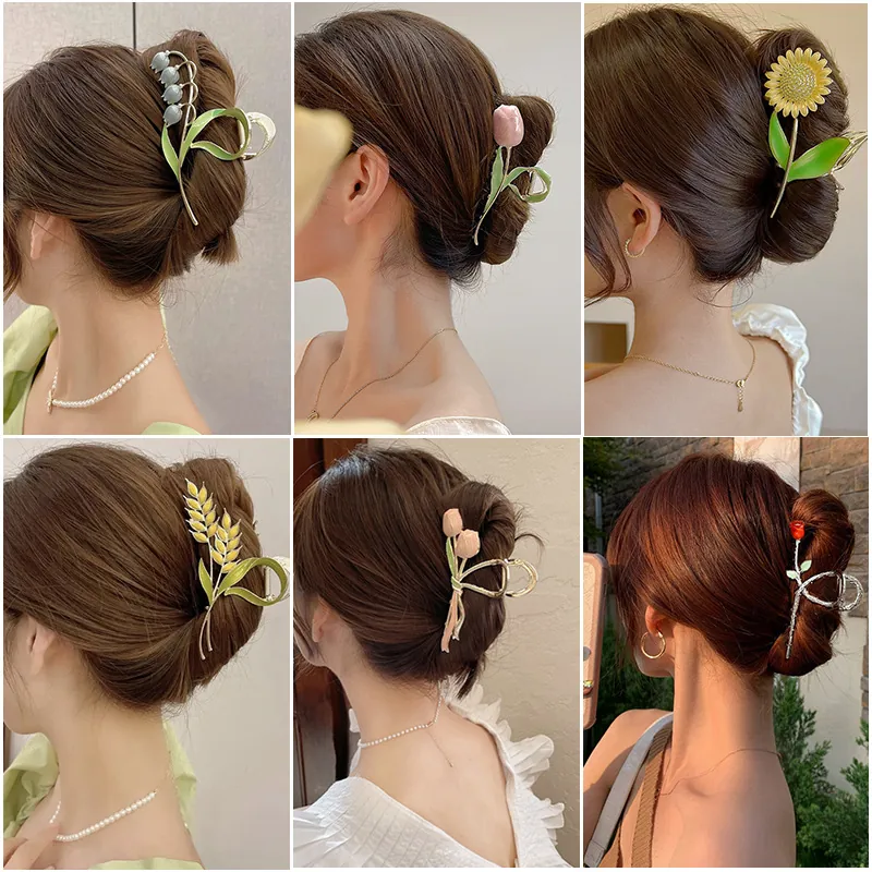 Floral Butterfly Hair Claw Clips Alloy Enamel Large Shark Clip Elegant Lily Tulip Rose Headpiece For Women Girls