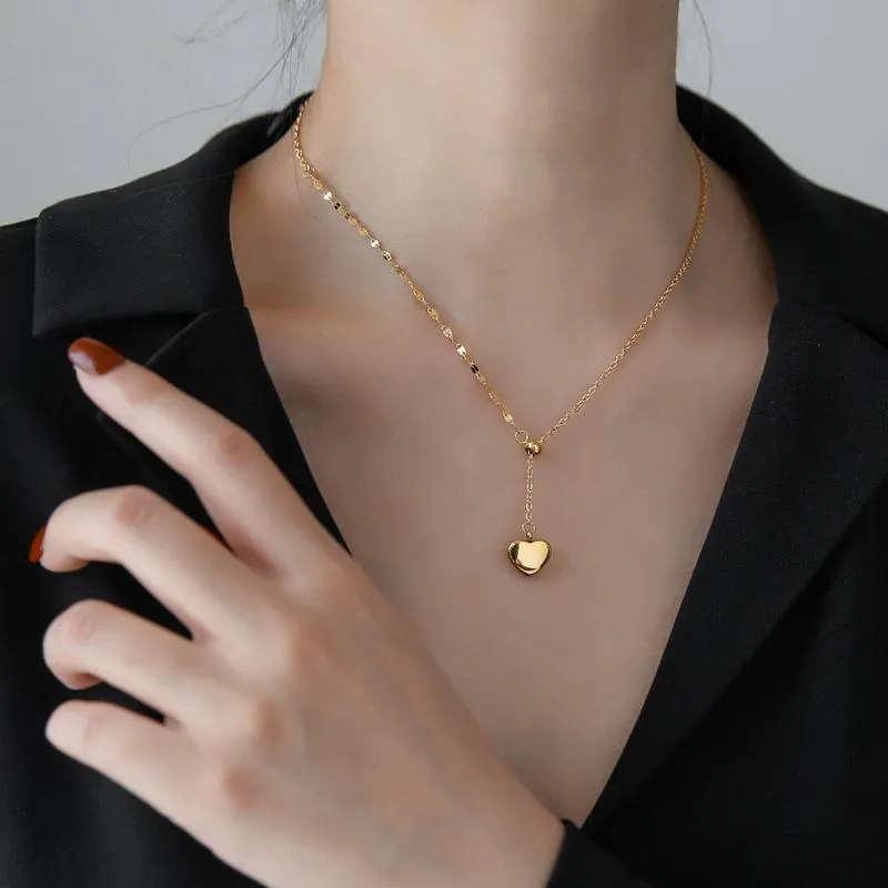Minimalist 18K Gold Plated Stainless Steel Heart Pendant Necklace Adjustable Y Shape Drawstring Chain Jewelry For Women