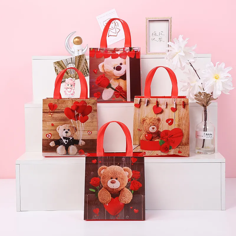 Valentine's Day Gift Bags Teddy Bear Pattern Laminated Non-Woven Waterproof Tote For Party Favors Romantic Wood Grain Style