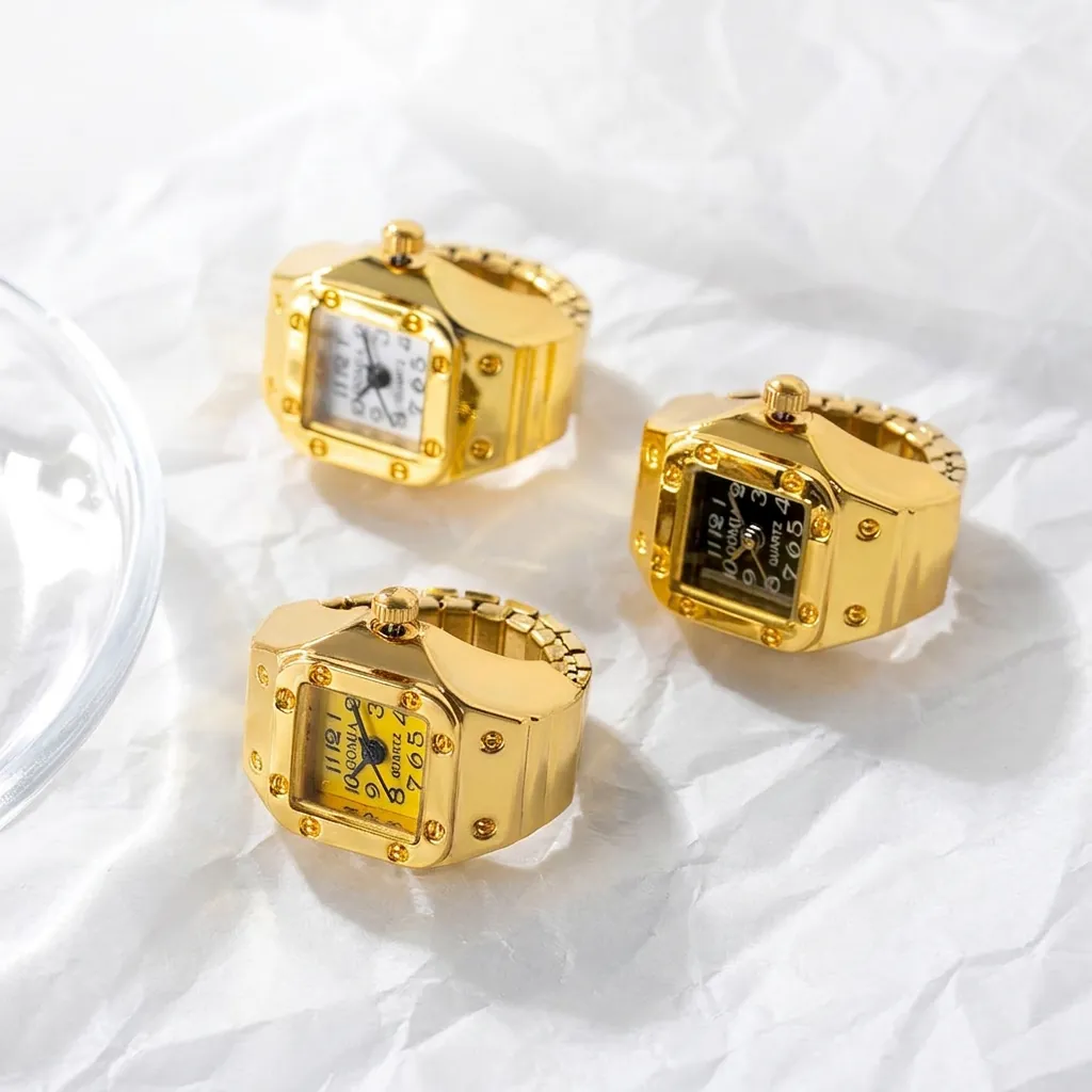 Vintage Gold Plated Ring Watch Quartz Movement Elastic Stainless Steel Band Square Round Dial Rivet Fashion Finger Watch