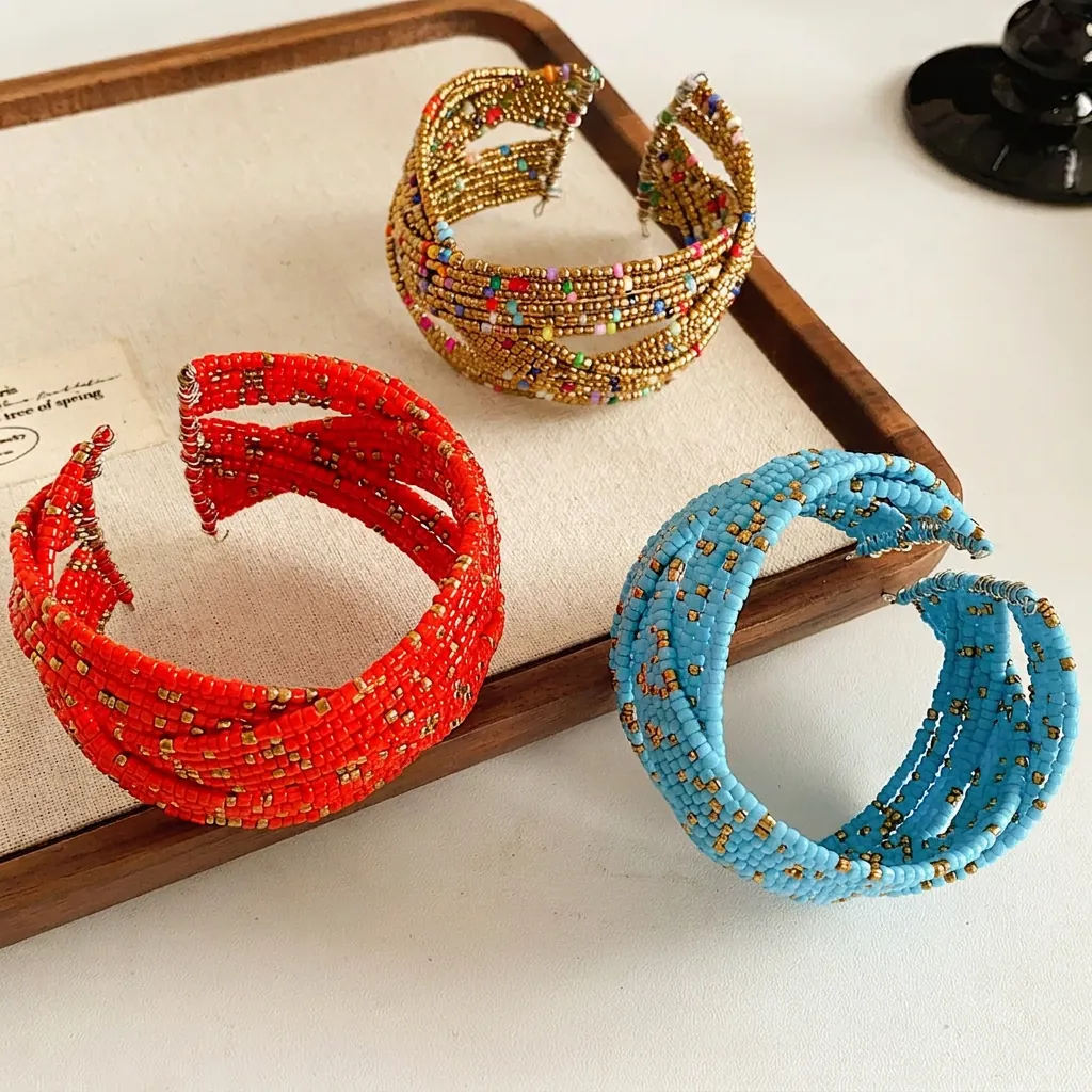 Bracelet Manchette Perles De Rocaille Multicouche Tissé À La Main Verre Bohème Vintage Ethnique Large Femmes