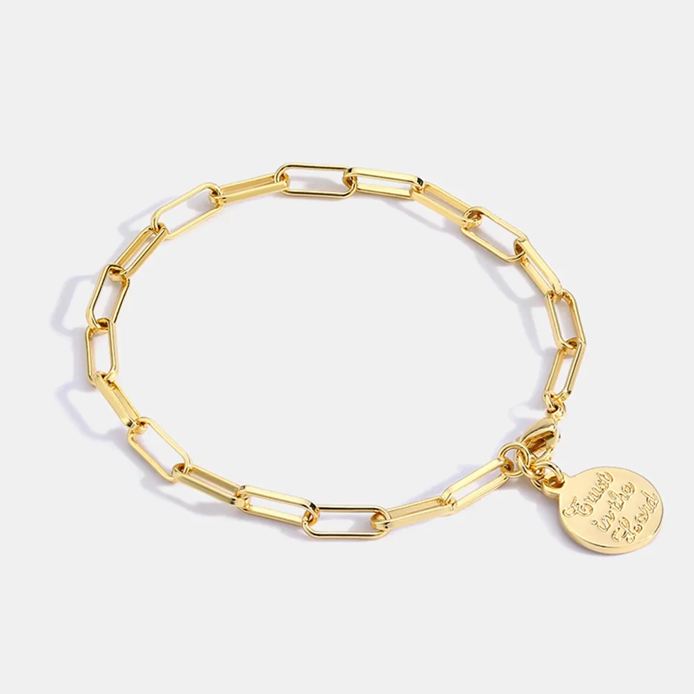 14K Gold Plated Brass Paperclip Chain Bracelet With Engraved Trust In The Lord Coin Pendant Zirconia Inlaid Women Jewelry