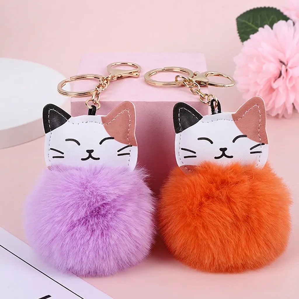 Cute Maneki-neko Faux Fur Ball Keychain Artificial Pom Pom Cat PU Leather Alloy Keyring Bag Hanging Ornament For Women Girls