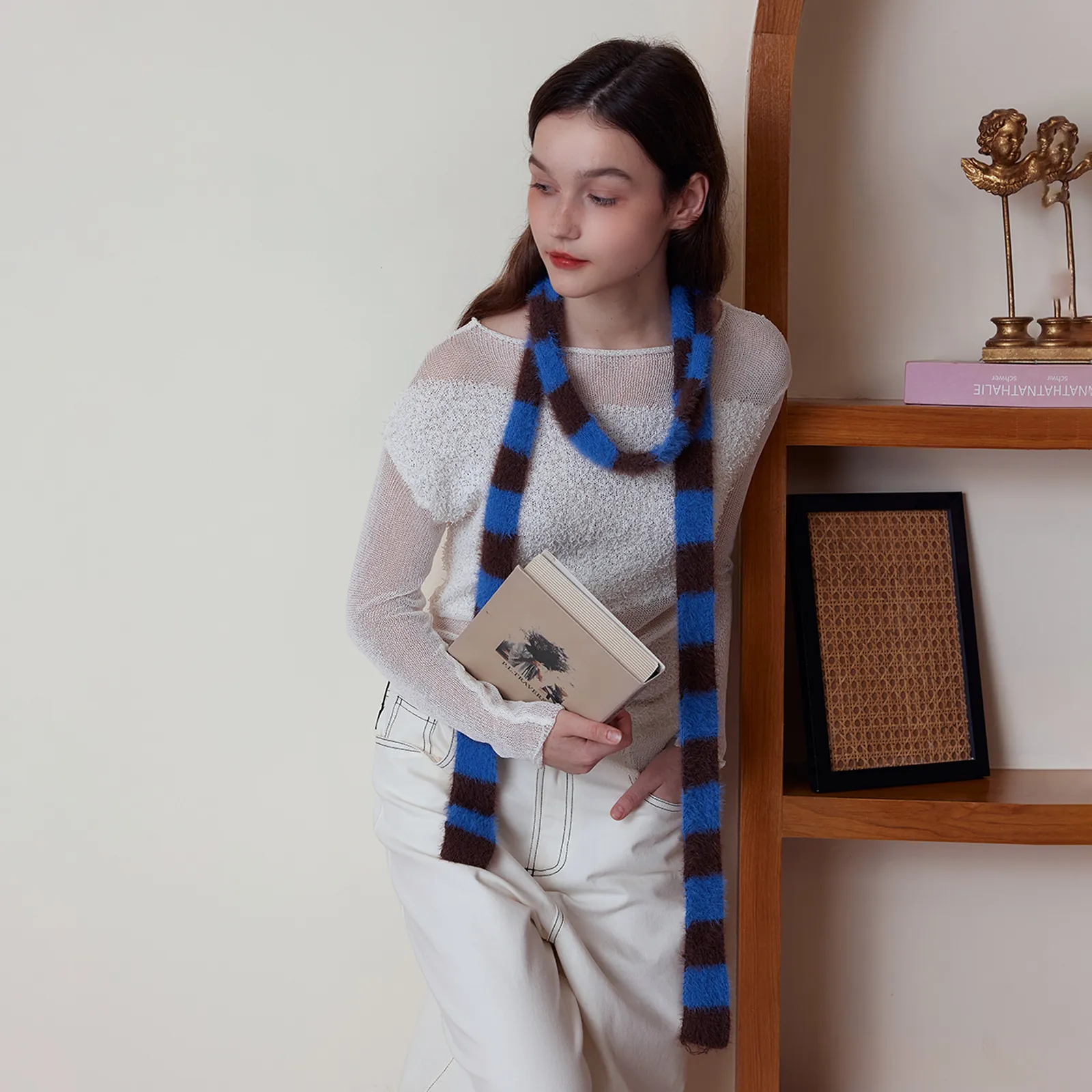 Damen Gestrickter Pelziger Gestreifter Schal Winter Warm Schmal Lang Halswärmer Kariert Y2K Streetwear Mode Accessoires