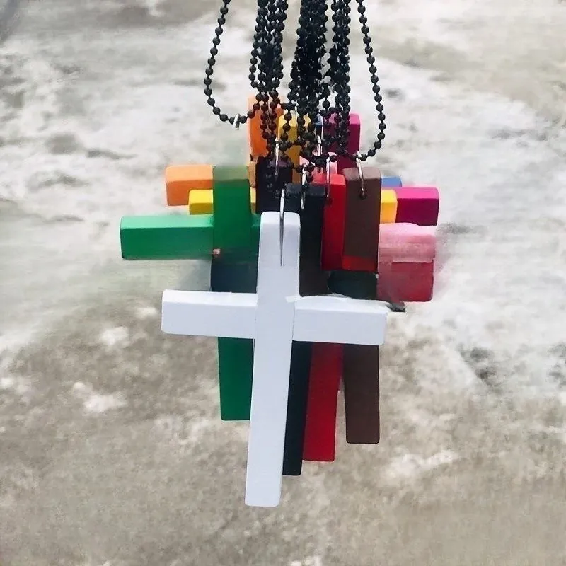 Cross Necklace Pendant Painted Wood Colorful Long Sweater Chain Minimalist Religious Jewelry For Men Women