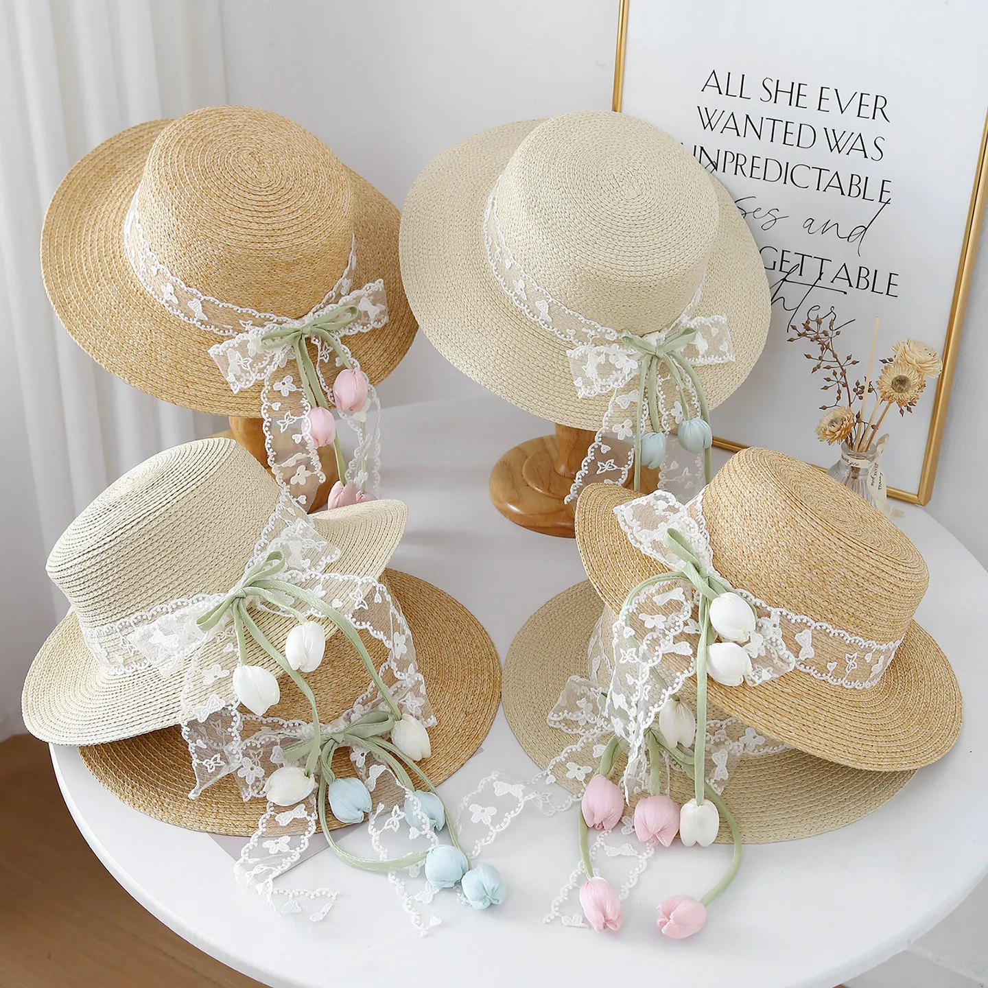Women Boater Straw Hat Woven Lace Ribbon Tulip Pendant Summer Sun Protection Beach Pastoral Style Fresh Elegant