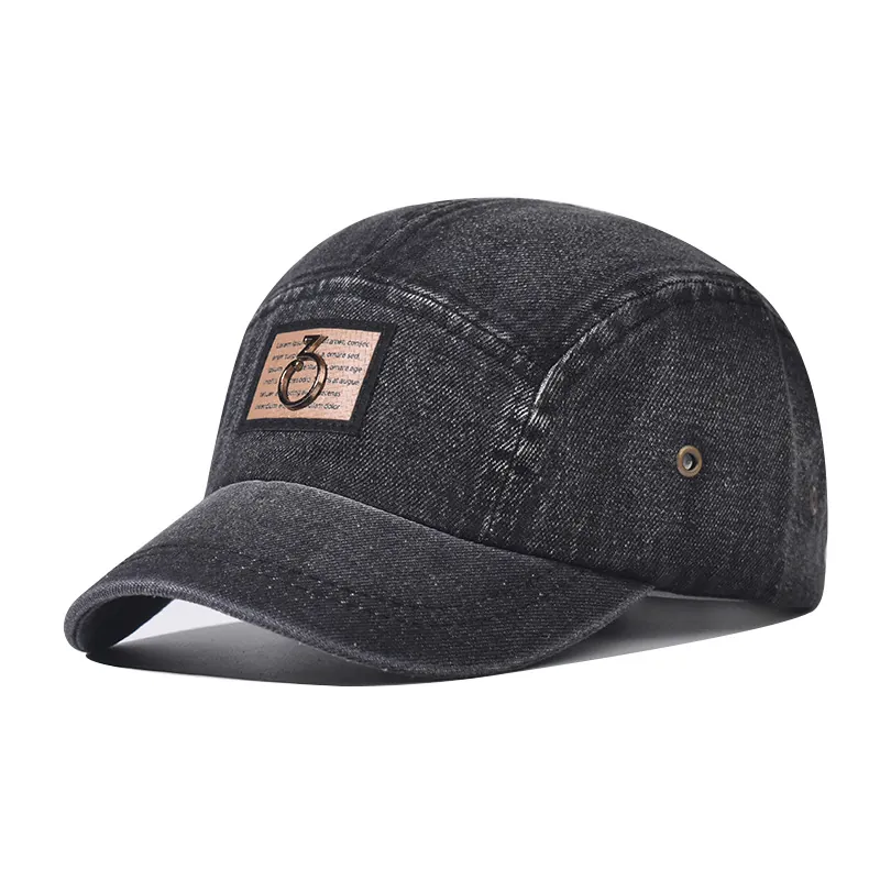 Vintage Washed Denim 5-Panel Cap Adjustable Camper Hat With Metal Ring Patch Retro Outdoor Sun Protection Unisex