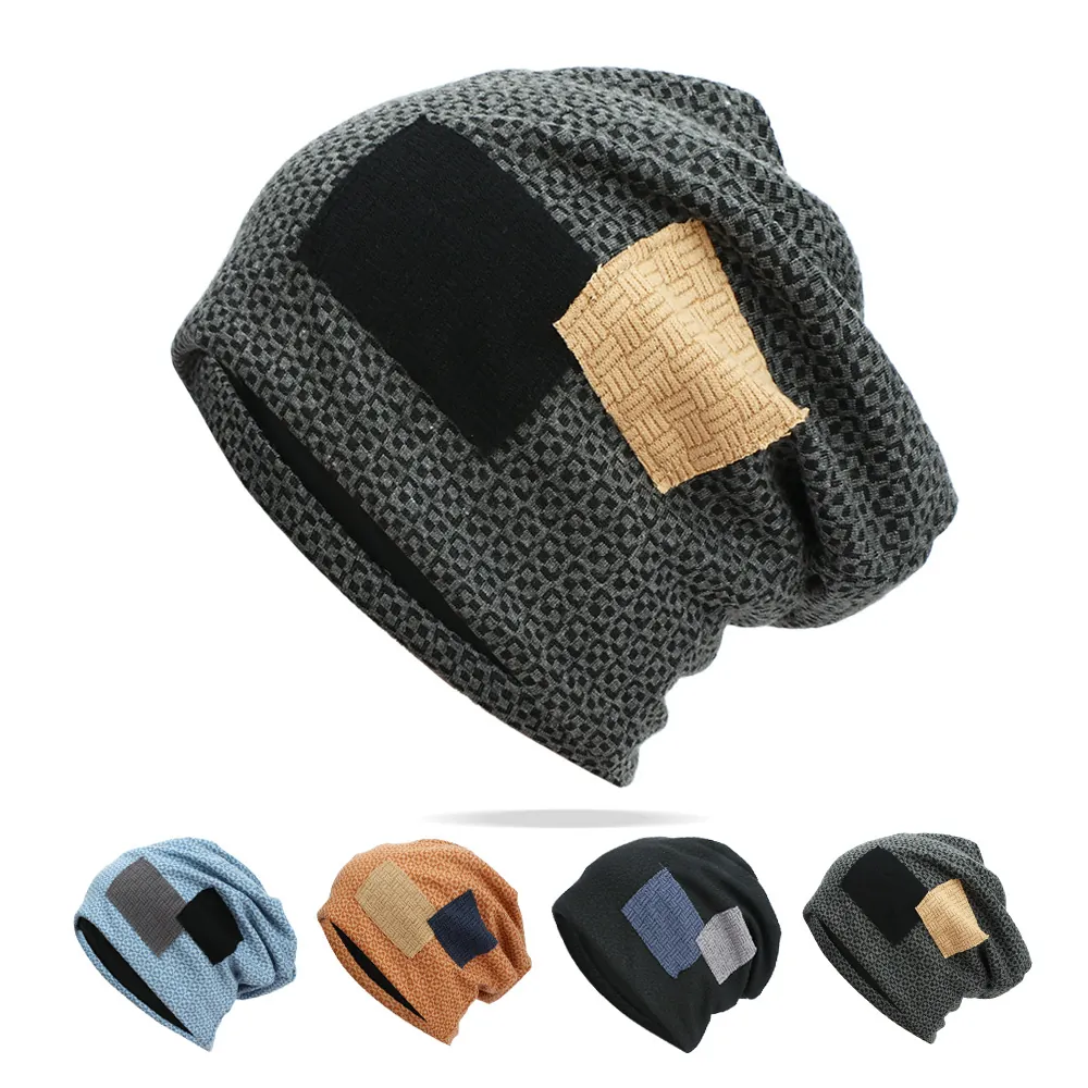 Berretto Slouchy A Scacchi Acrilico Caldo Antivento Streetwear Maglia Patchwork Skull Cap Per Uomini Donne Cappello Casual