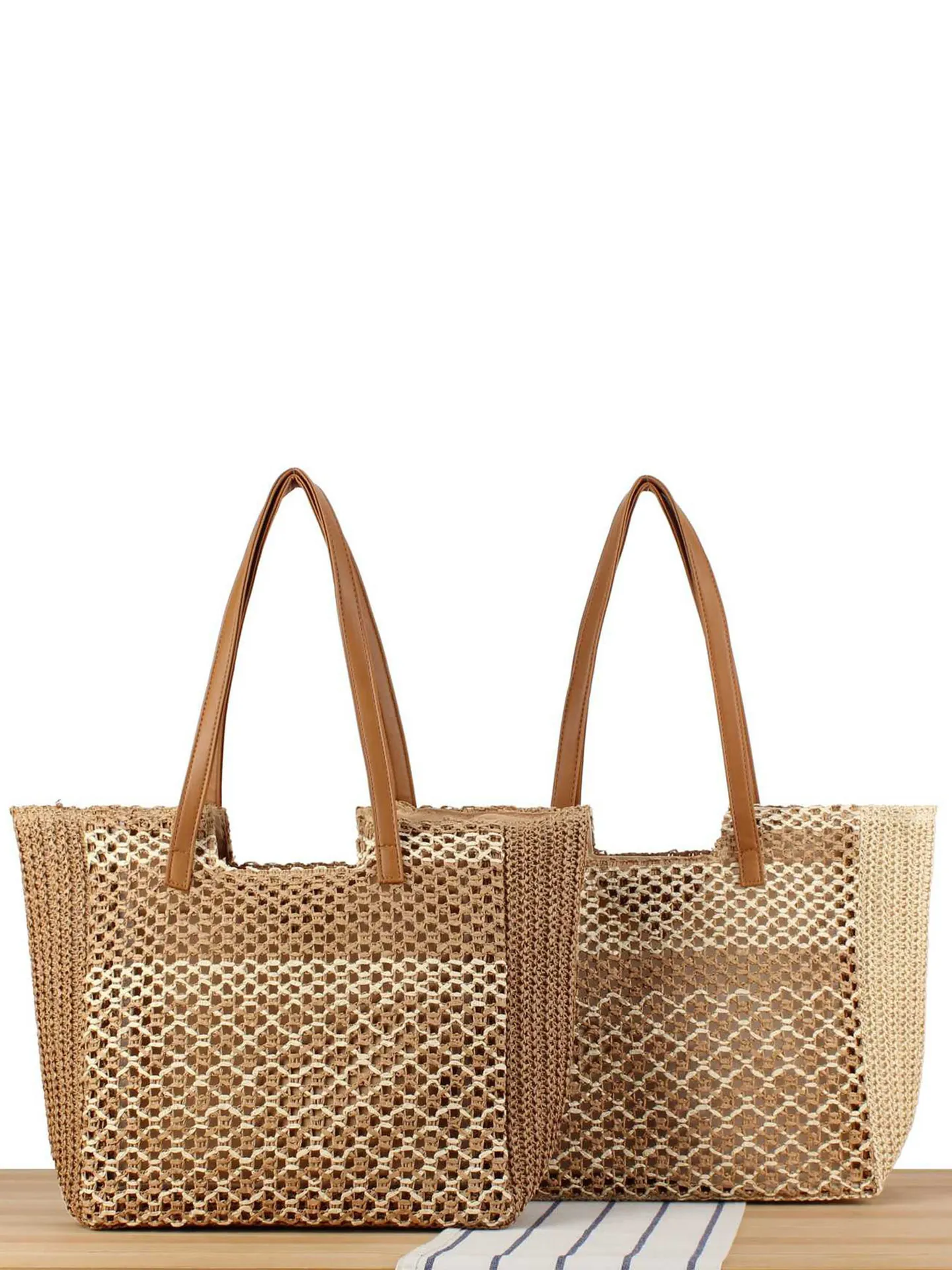 Damen Mode Gewebte Papier Stroh Tragetasche Große Kapazität Ajouré Strand Urlaub Schultertasche Mit PU Ledergriffen