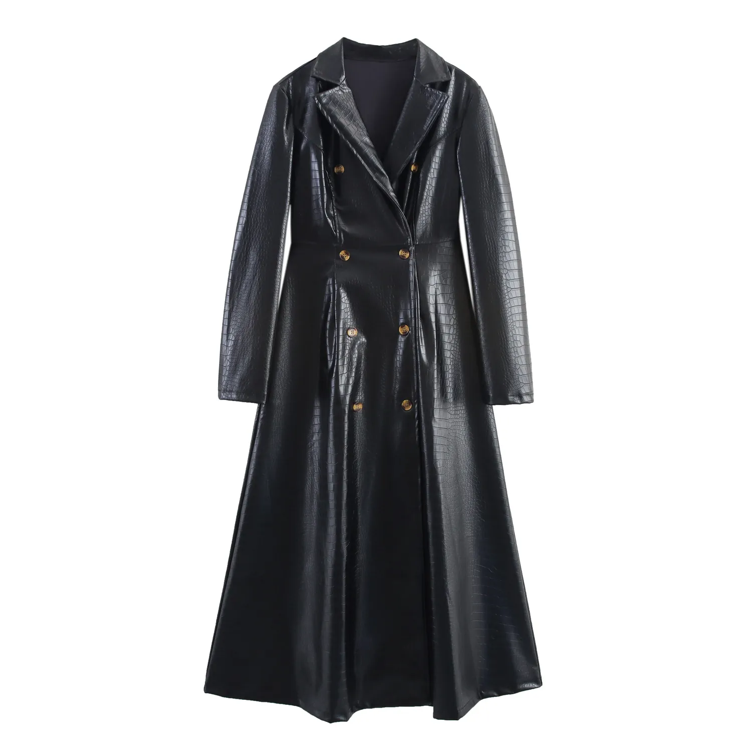 Women Long PU Leather Trench Coat Crocodile Embossed Double Breasted Slim Fit Waist Lapel Collar Streetwear Jacket