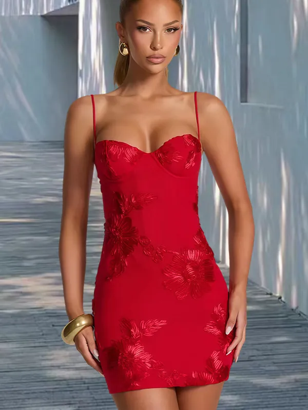 Robe Courte Élégante en Satin pour Femme avec Broderie Florale 3D Dos Nu Lacé Coupe Moulante pour Fête Soirée Banquet