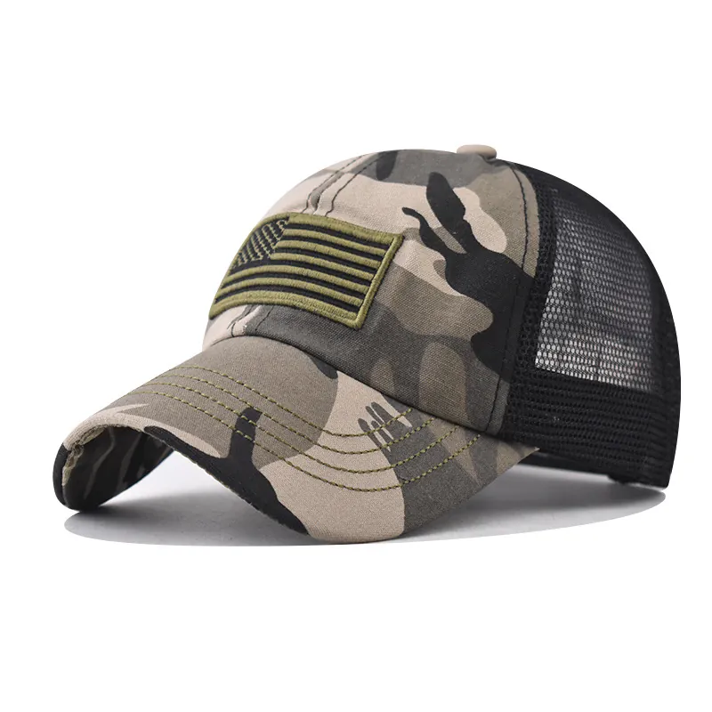 Tactical Cotton Polyester Baseball Cap Embroidered American Flag Camouflage Breathable Mesh Outdoor Adjustable Sun Hat