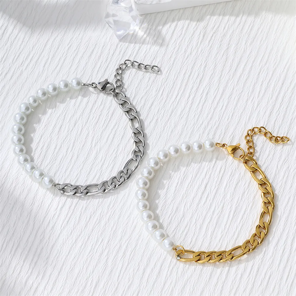 Artificial Pearl Spliced Stainless Steel Figaro Chain Bracelet Hip Hop Style Adjustable Jewelry For Men And Women