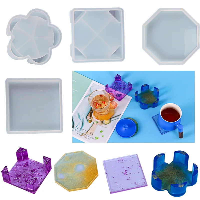 Silicone Coaster Storage Box Mold DIY Resin Epoxy Casting Tool Multi Shape Floral Square Octagonal Round Flexible Crafting
