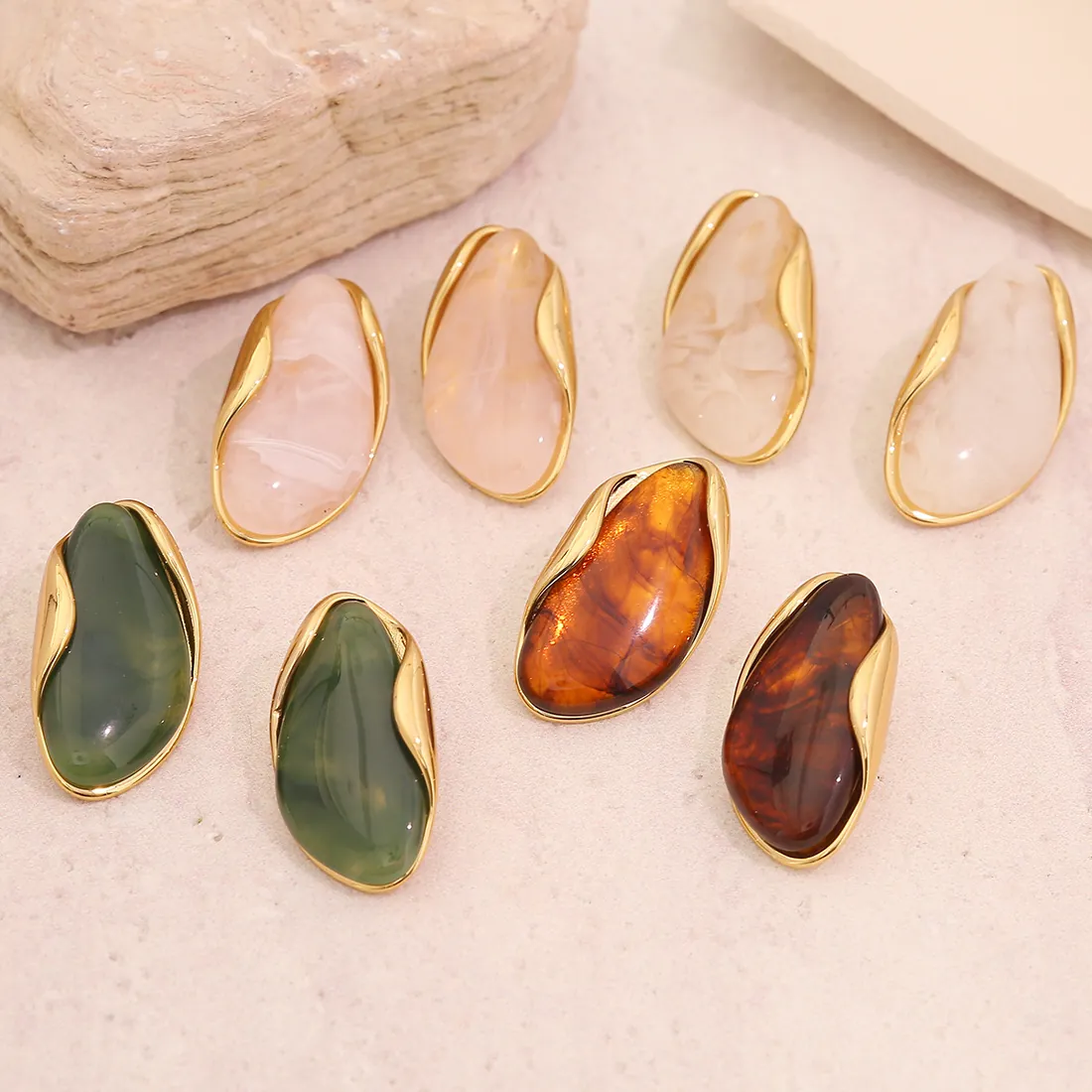 Retro Geometric Stud Earrings Stainless Steel Resin Stone Texture Irregular Gold Plated Minimalist Vintage Jewelry Women