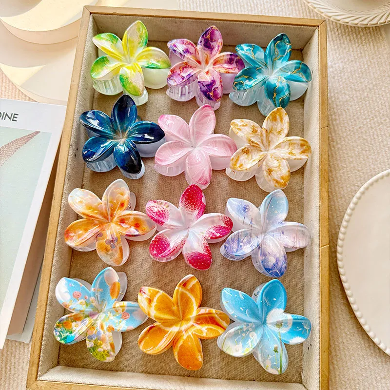 Flower Hair Claw Clips Acetate Resin Frangipani Shape Marble Floral Print Non-Slip Shark Hairpins For Women Girls Chic Accessory