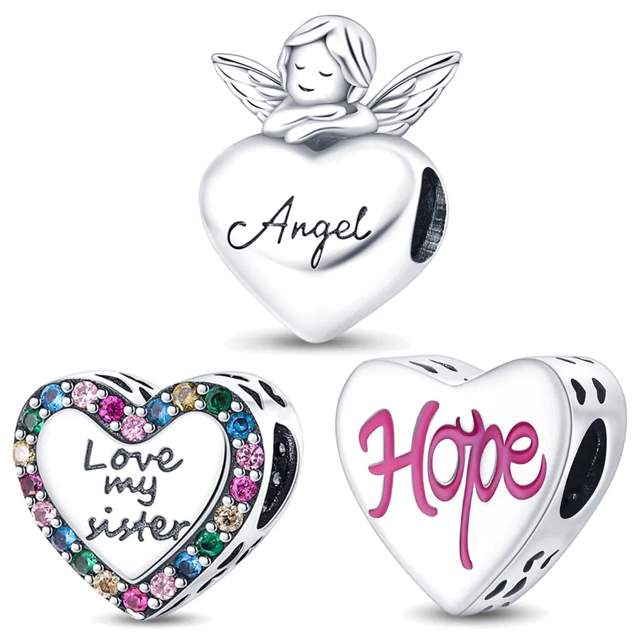 Perline Ciondolo Cuore Rame Placcato Argento Con Zircone Colorato Angelo Speranza Iscrizione Accessori Per Gioielli DIY