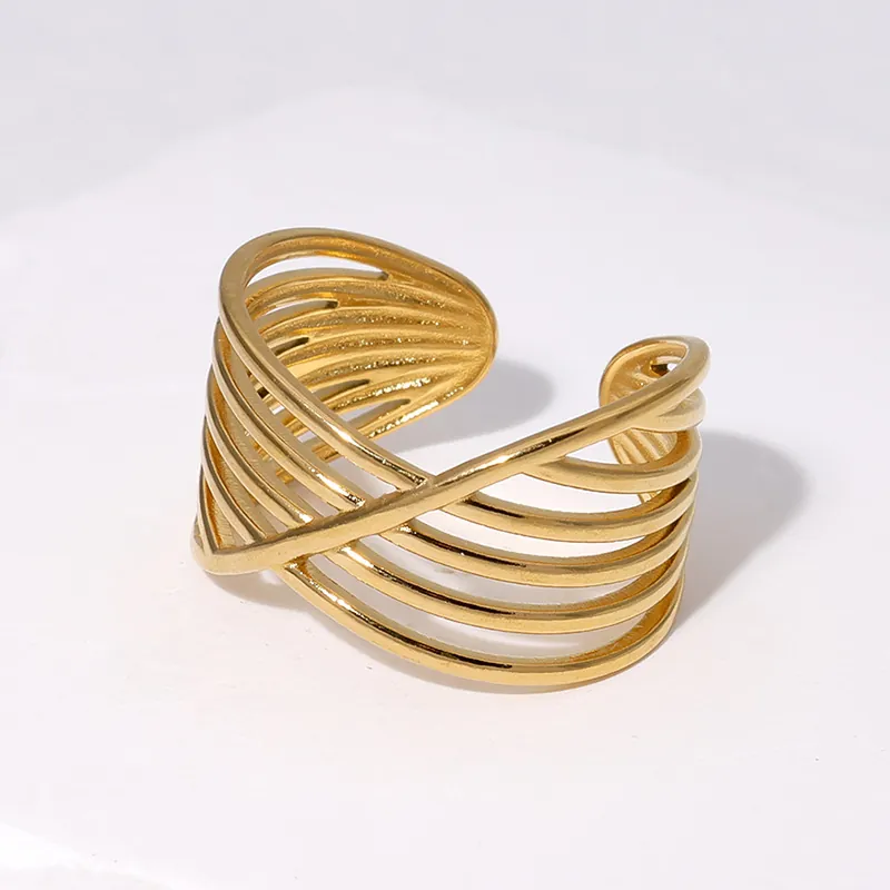 Minimalist Stainless Steel Adjustable Ring Geometric Multi Layer Overlapping Line Open Finger Jewelry For Women