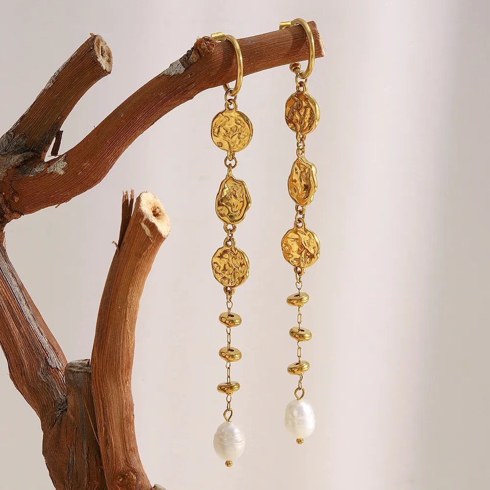 Long Tassel Stud Earrings With Hammered Texture Stainless Steel And Artificial Baroque Pearls 18K Gold Plated Vintage Jewelry