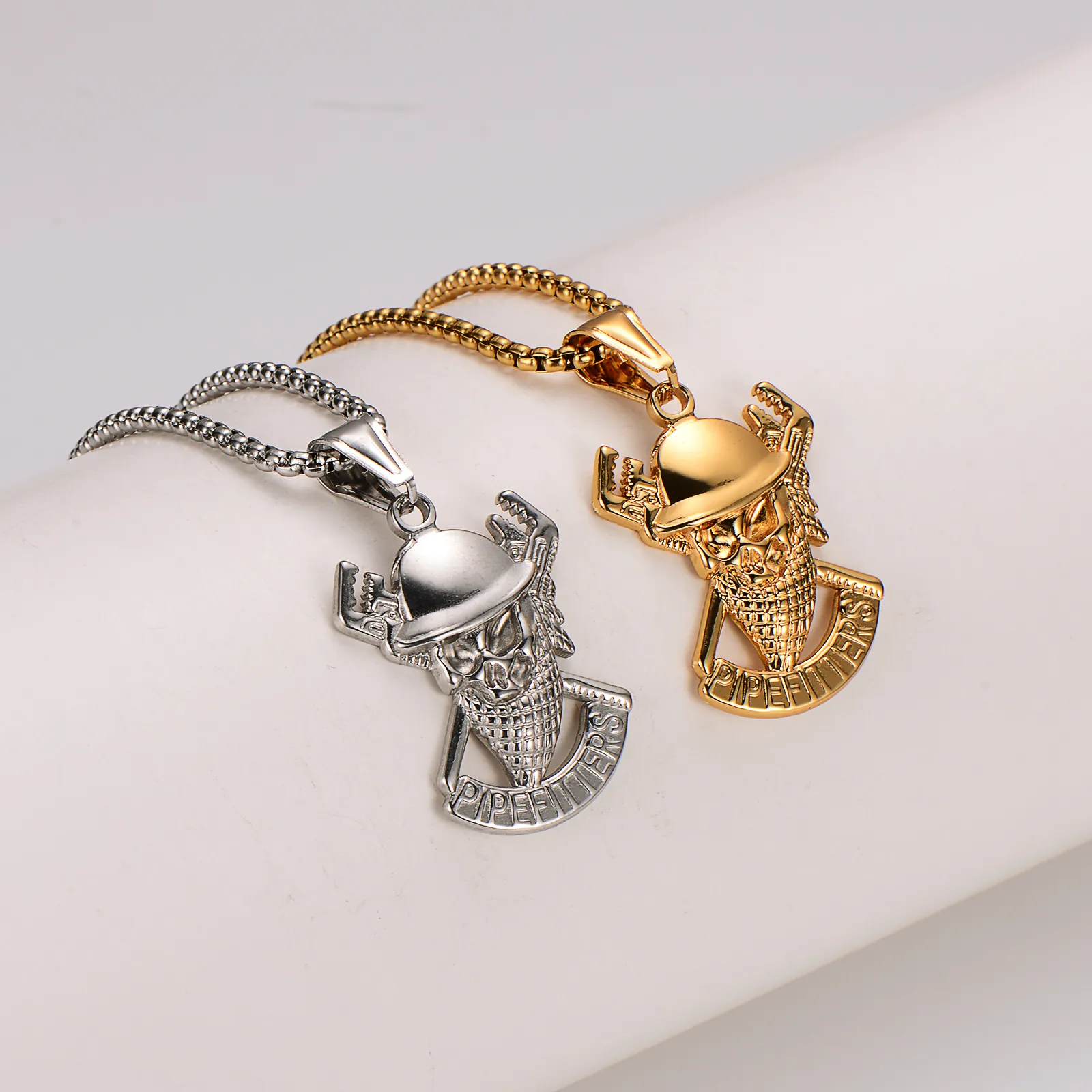 Totenkopf Anhänger Halskette Edelstahl Pipefitters Schutzhelm Gekreuzte Schraubenschlüssel Punk Biker Schmuck Für Männer
