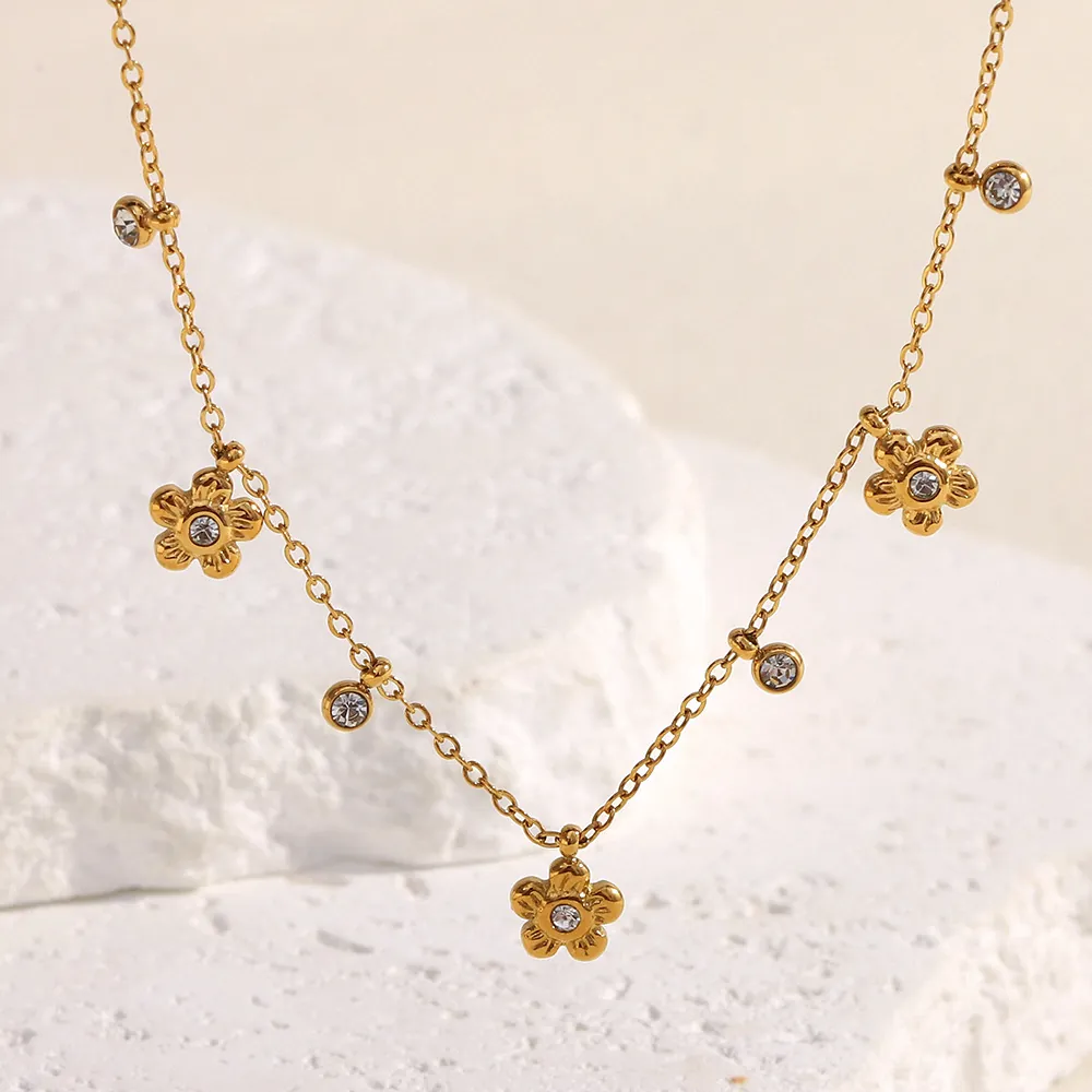 Zircon Flower Tassel Necklace Stainless Steel 18K Gold Plated Dainty Elegant Niche Jewelry For Women