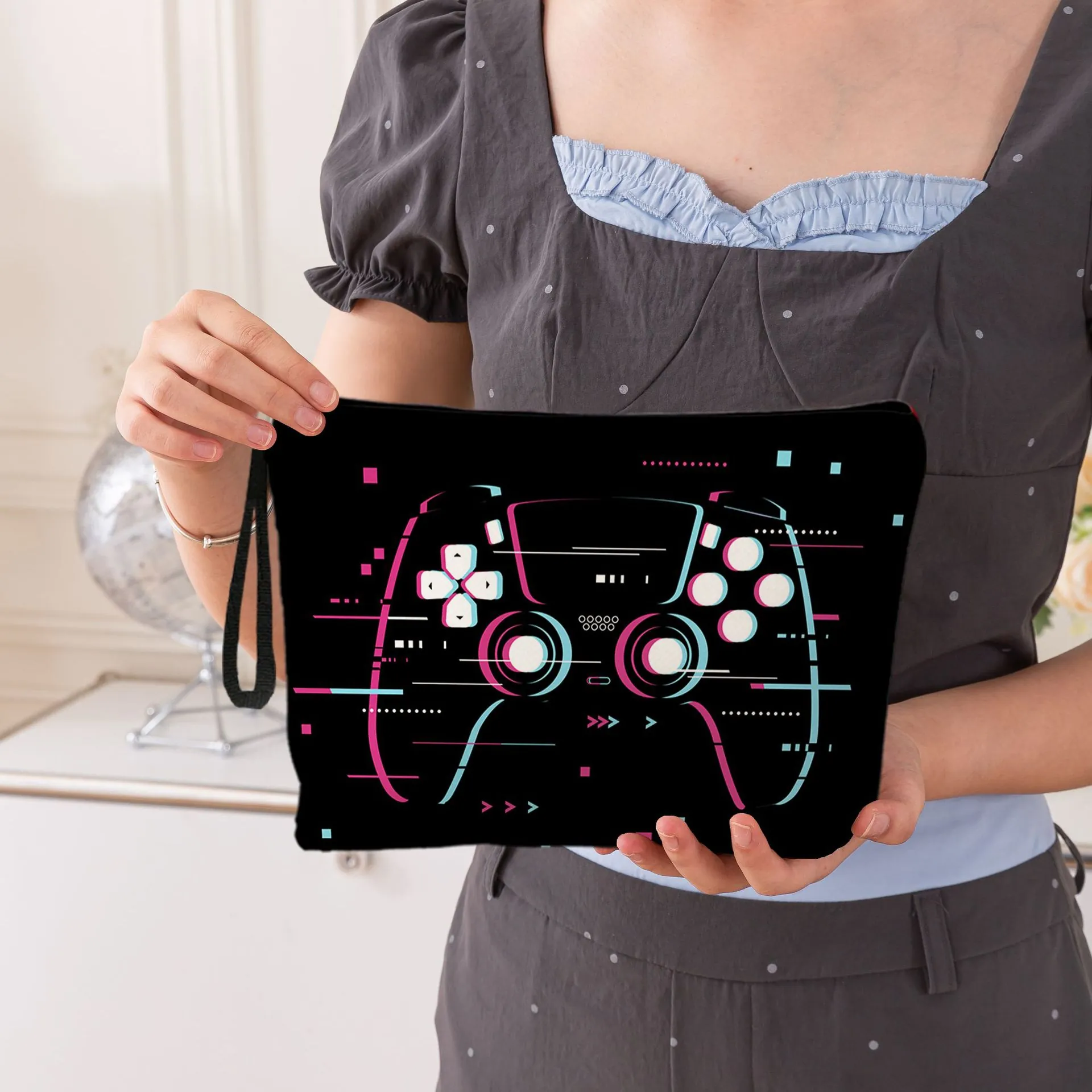 Game Controller Neon Print Makeup Bag Fine Linen Fabric Zipper Cosmetic Pouch Travel Storage Organizer For Women
