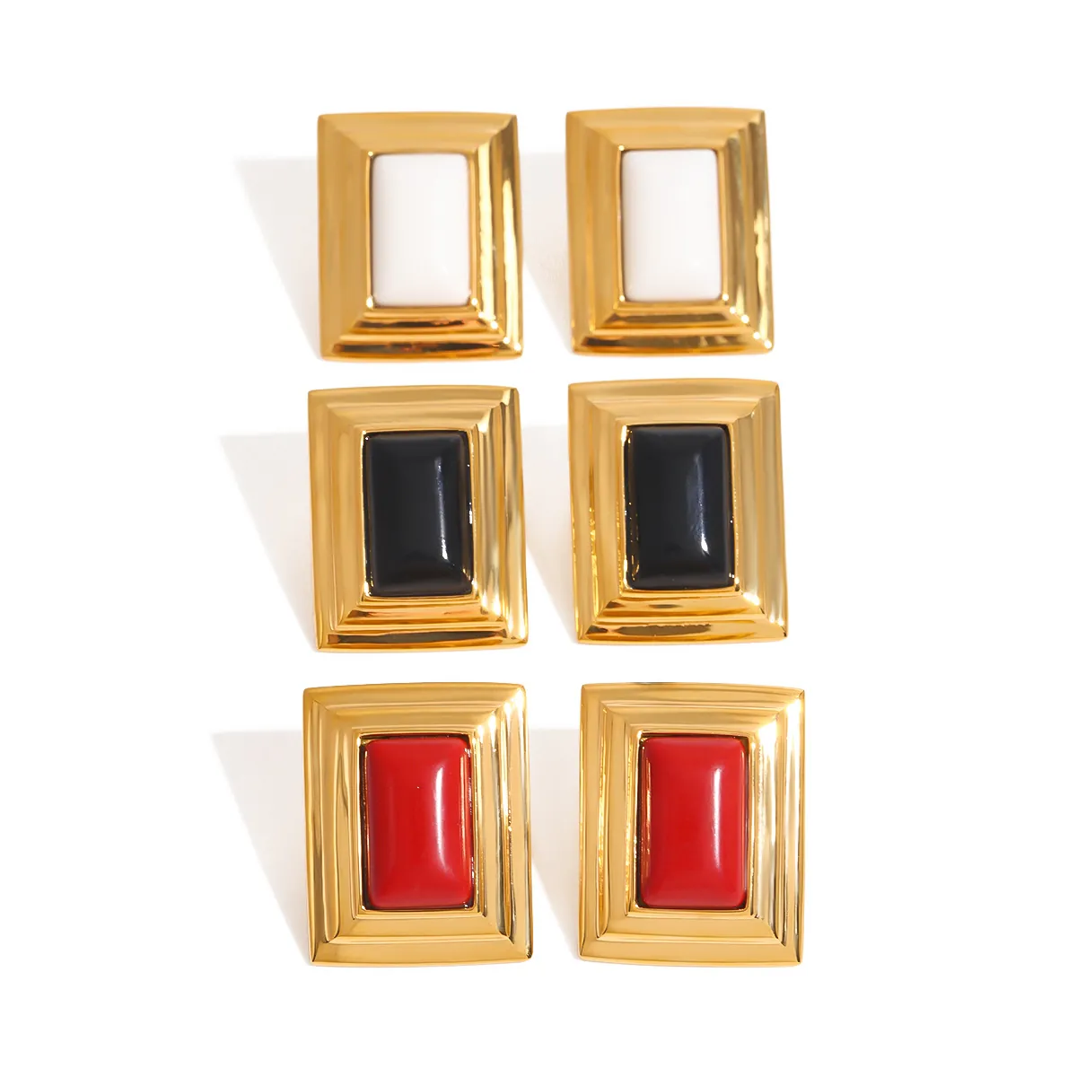 Retro Rectangular Hoop Earrings 18K Gold Plated Stainless Steel Black Onyx Inlay Geometric Hypoallergenic For Women