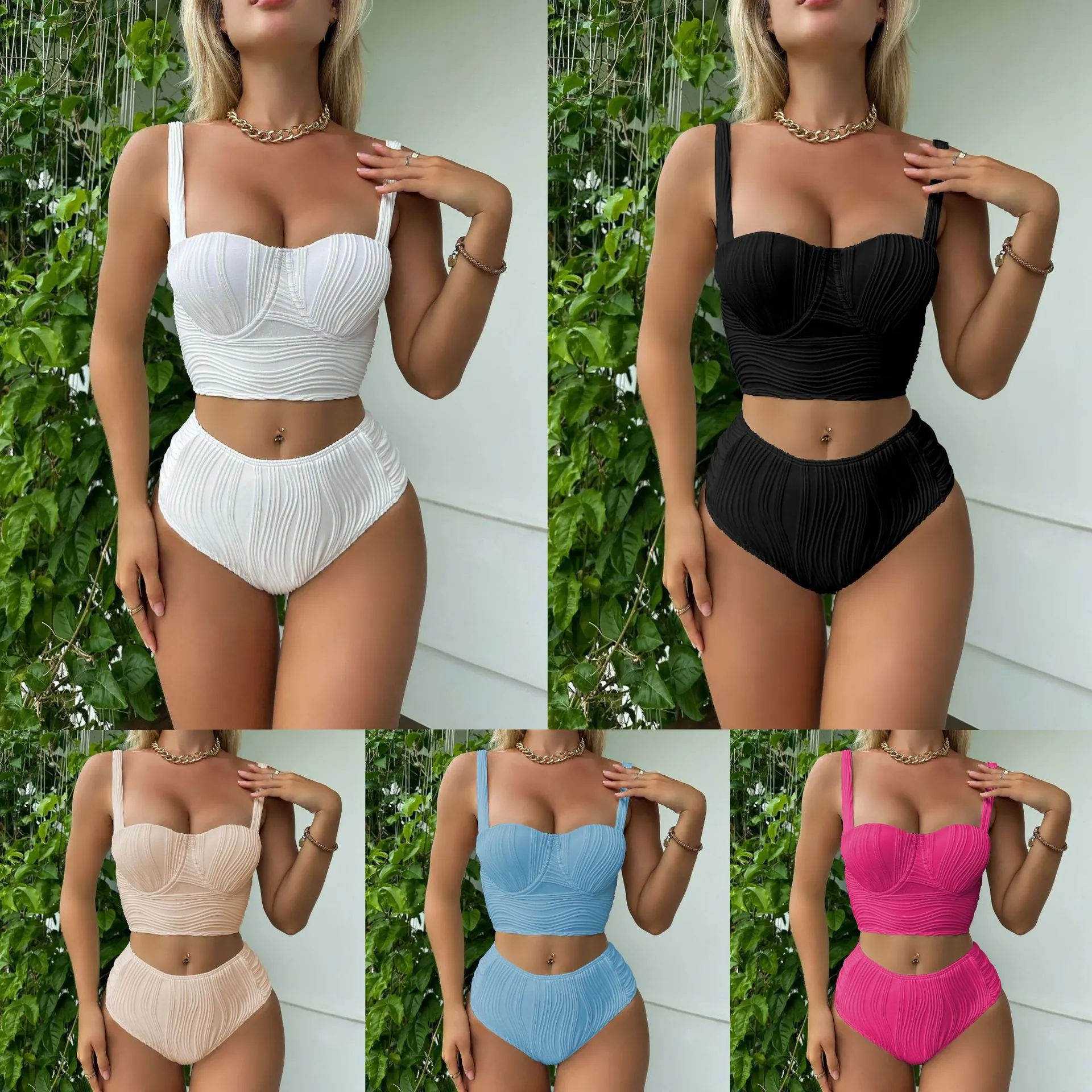 Bikini Swimsuit High Waist Ribbed Textured Solid Color Padded Underwire Beachwear Bathing Suit Women Vacation